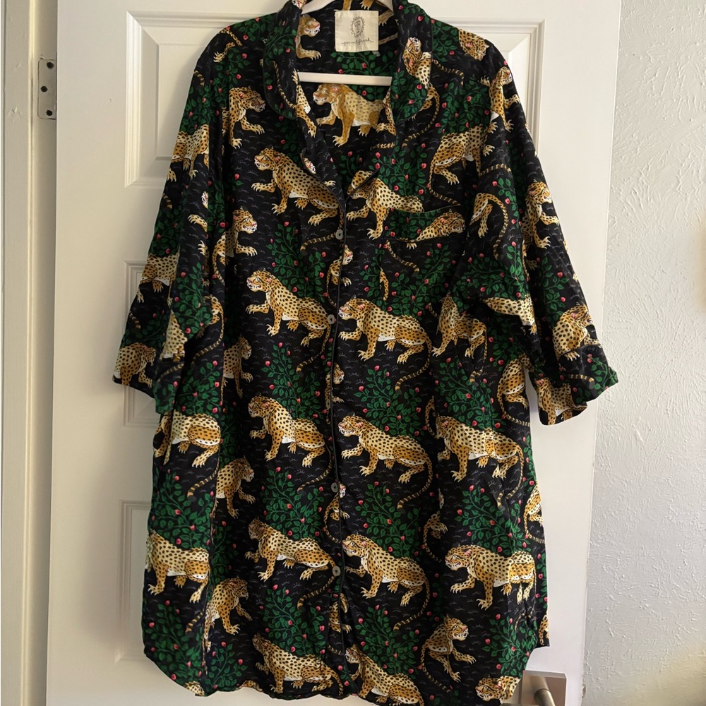 Leopard Print Button-Up Night Shirt Gown Dress